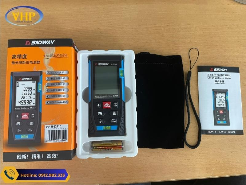 Trọn bộ sản phẩm máy đo Laser SNDWAY M50 tại Trắc địa Hoàng Phát