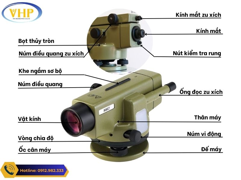 Chi tiết cấu tạo của máy thủy bình LEICA NA