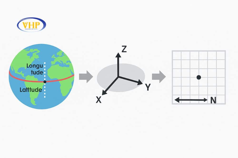 Mối liên hệ giữa Kinh độ, Vĩ độ và Tọa độ không gian – bản đồ – đo đạc