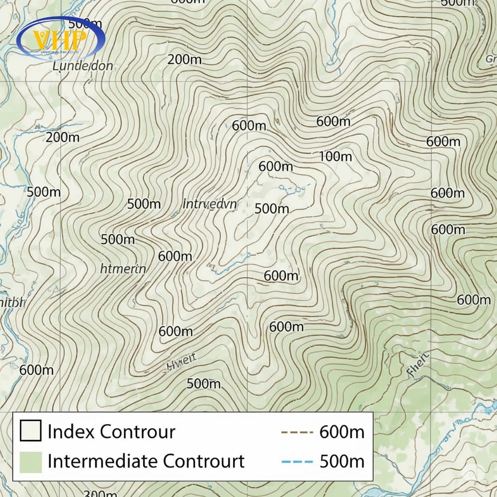 Đường đồng mức cái với nét vẽ đậm, có ghi giá trị độ cao, giúp xác định độ cao tuyệt đối trên bản đồ địa hình.