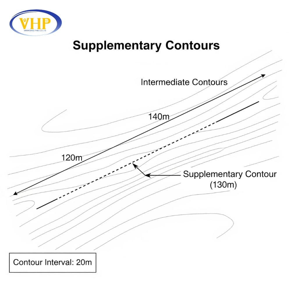 Đường đồng mức phụ với nét đứt mảnh, thể hiện chi tiết độ cao ở khu vực địa hình bằng phẳng trên bản đồ.