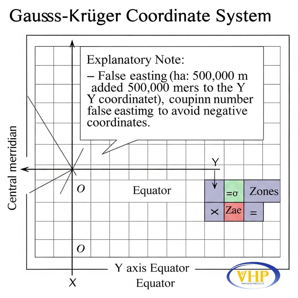 Hệ tọa độ X-Y phẳng trong phép chiếu Gauss-Krüger với gốc tại giao điểm kinh tuyến trung ương và xích đạo