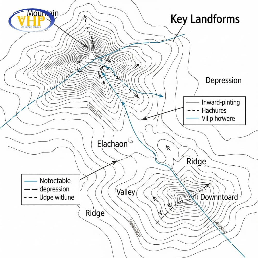 Hình dạng đường đồng mức thể hiện đỉnh núi, vùng trũng, thung lũng, sống núi; ứng dụng quy tắc chữ V để nhận biết hướng dòng chảy