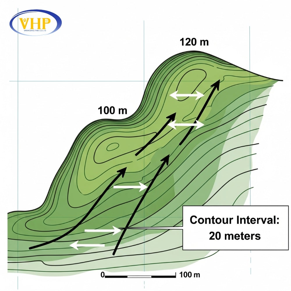 Khoảng cao đều giữa các đường đồng mức, giúp tính tổng độ cao phải leo và độ dốc địa hình trên bản đồ địa hình