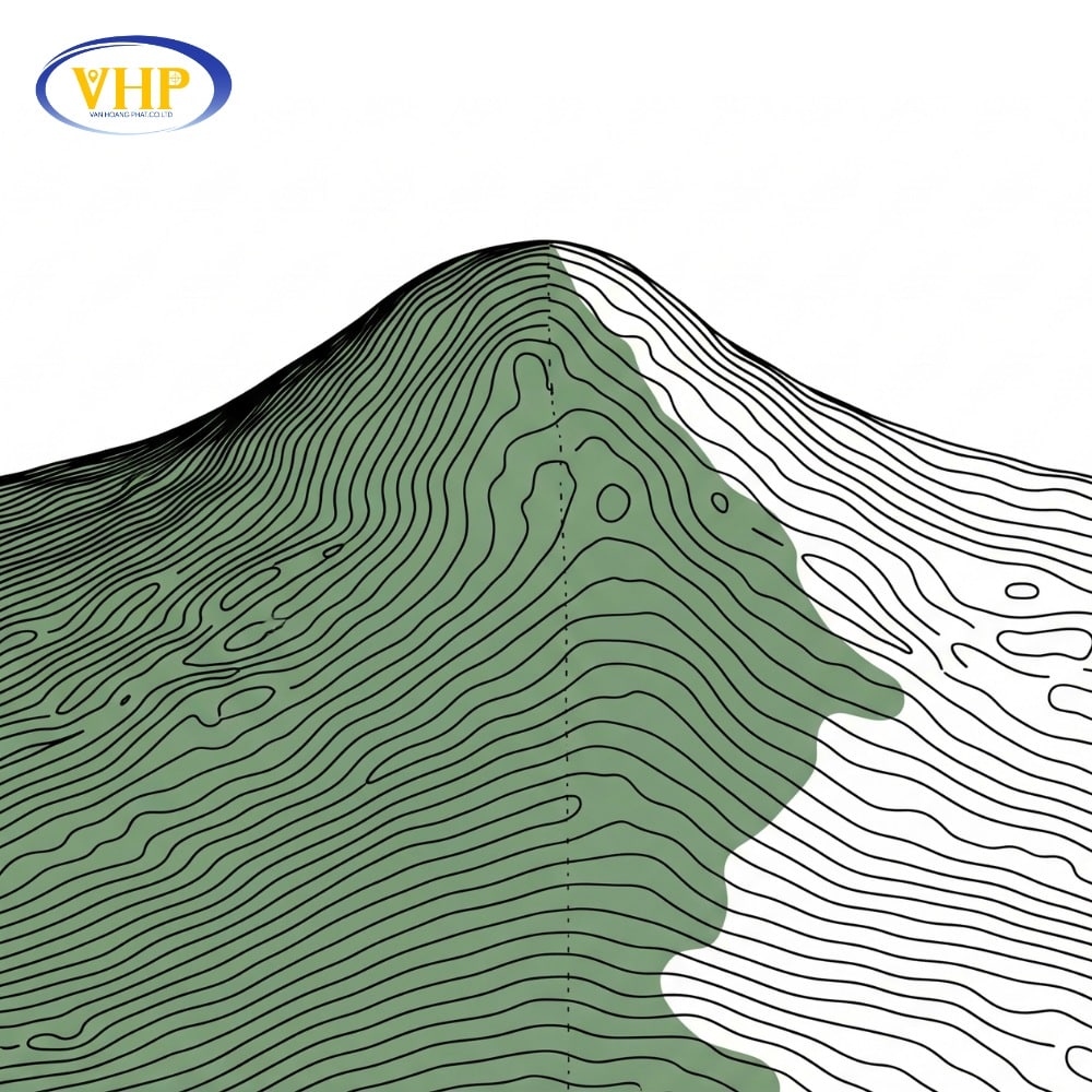 Hình minh họa mật độ đường đồng mức thể hiện độ dốc địa hình, đường dày đặc cho thấy địa hình dốc, đường thưa biểu thị khu vực bằng phẳng.