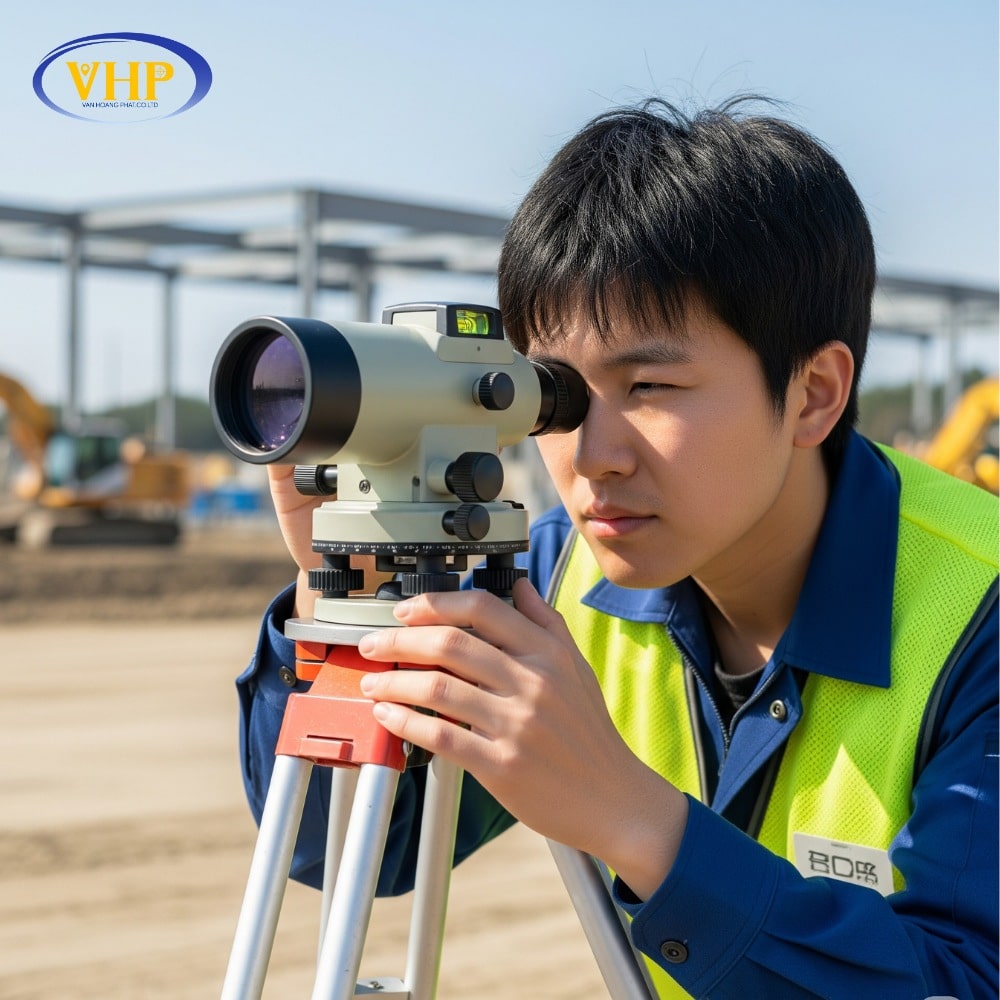 Kỹ sư sử dụng máy thủy bình và thước mia để đo chênh cao địa hình theo phương pháp đo cao hình học truyền thống