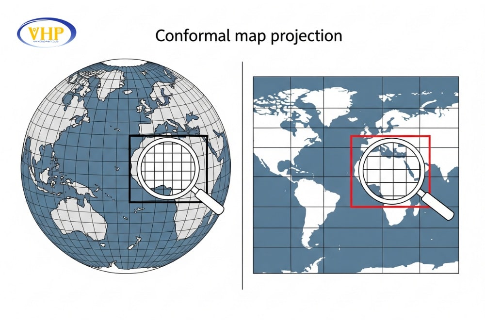Phép chiếu đồng góc – bảo toàn góc và hình dạng khi chuyển từ ellipsoid lên bản đồ.