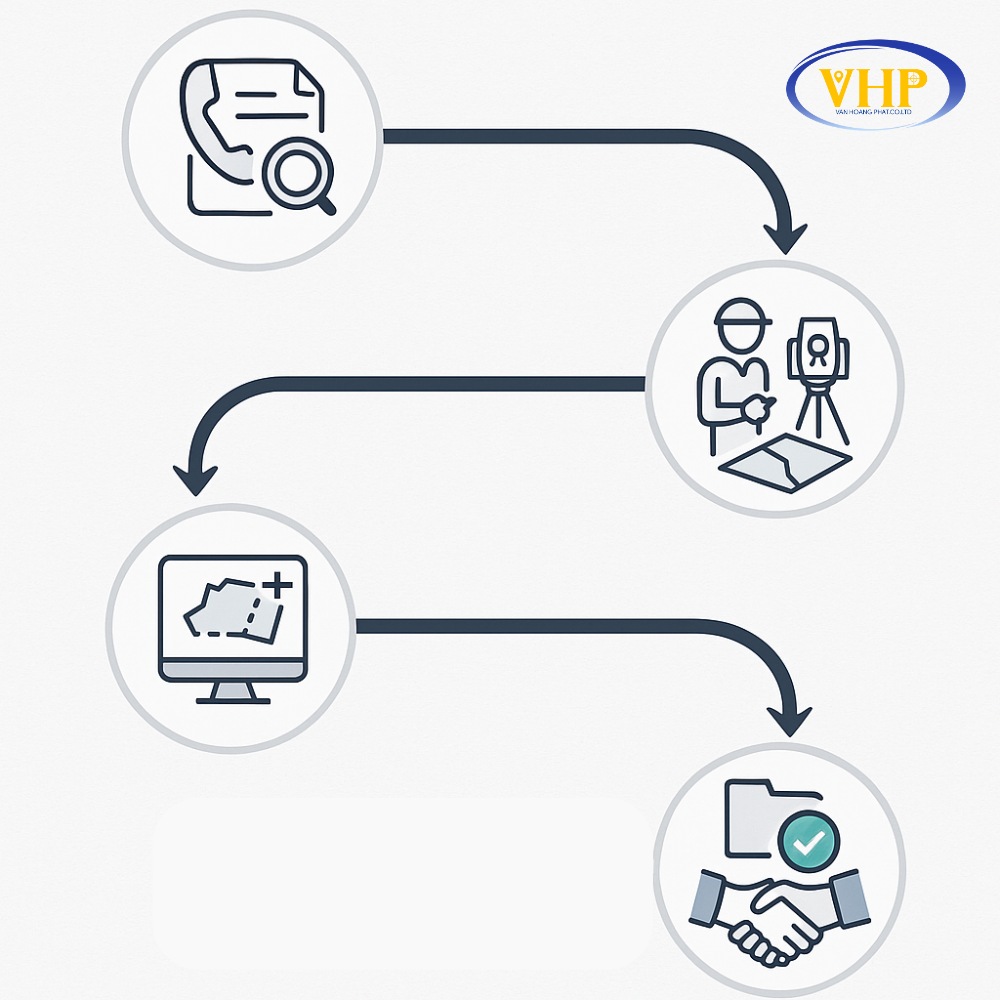 Quy trình 4 bước đo đạc địa chính chuyên nghiệp tại Trắc địa Hoàng Phát, từ tư vấn – khảo sát – xử lý bản vẽ đến bàn giao hồ sơ hoàn chỉnh.