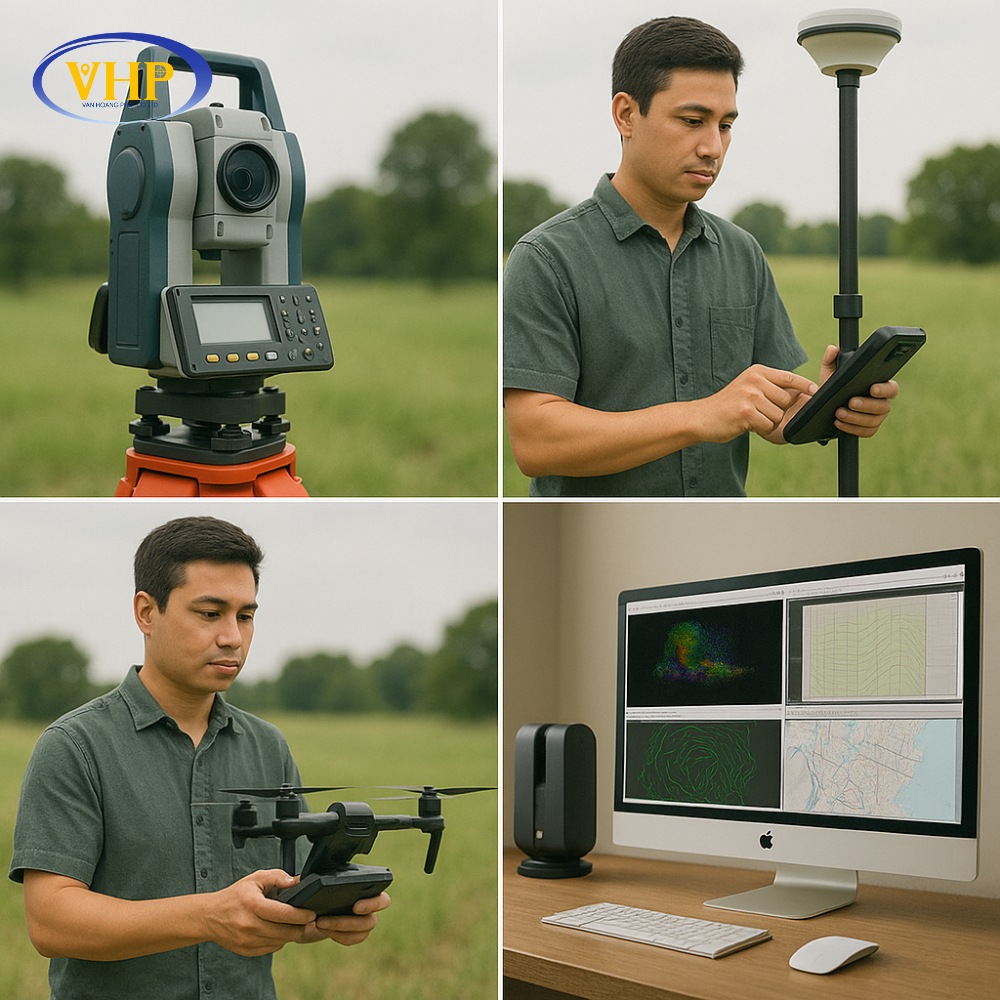 Các thiết bị đo đạc hiện đại dùng trong trắc địa và các phần mềm chuyên dụng để xử lý số liệu và thành lập bình đồ