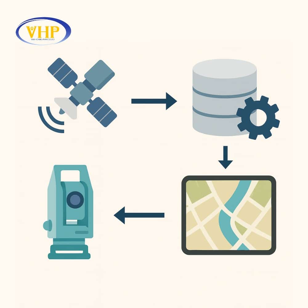 Quy trình hoạt động của bản đồ số gồm thu thập dữ liệu từ GPS, vệ tinh, thiết bị đo đạc, xử lý và hiển thị trên thiết bị điện tử