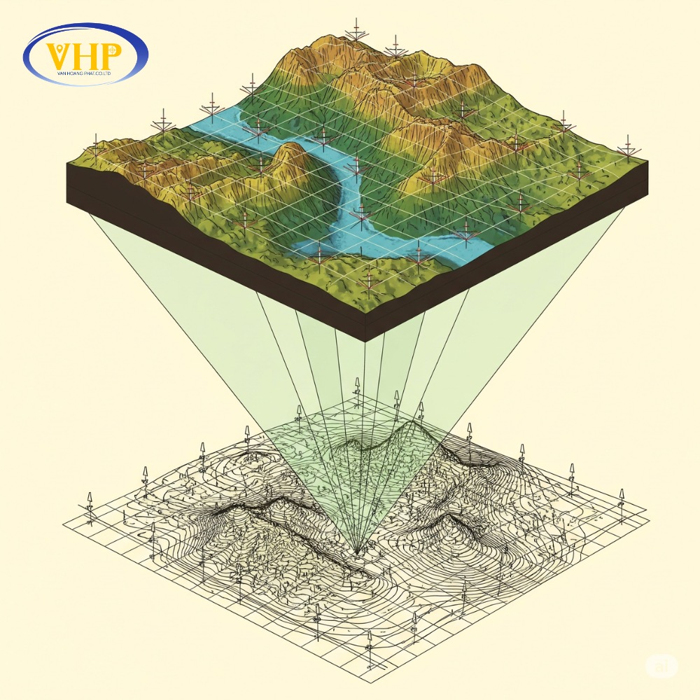 Hình ảnh minh họa các nguyên lý thành lập bình đồ: chiếu vuông góc, lưới khống chế, đường đồng mức và bình sai số liệu đo đạc