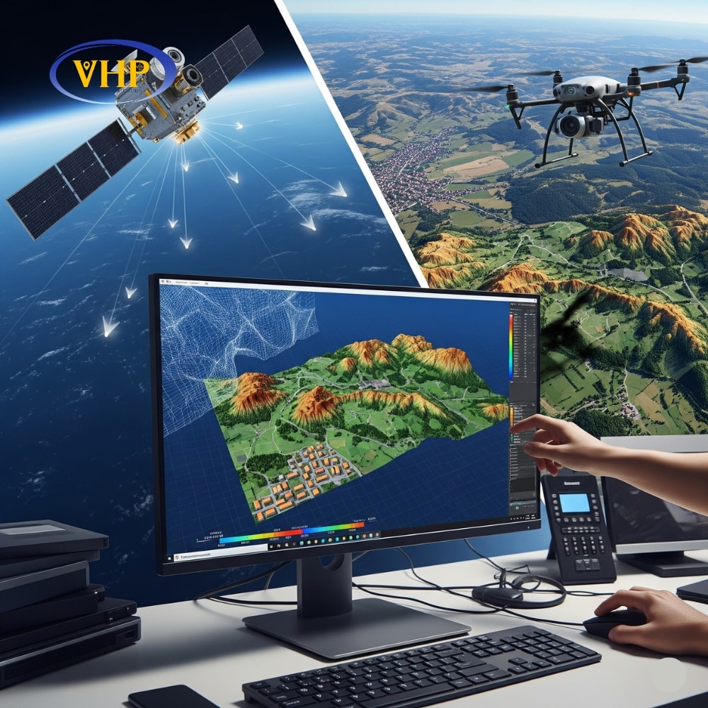 Công nghệ và thiết bị tạo bản đồ vệ tinh 3D gồm drone, GPS RTK, LiDAR và phần mềm chuyên dụng như Pix4D, CesiumJS, hỗ trợ dựng mô hình không gian chi tiết.